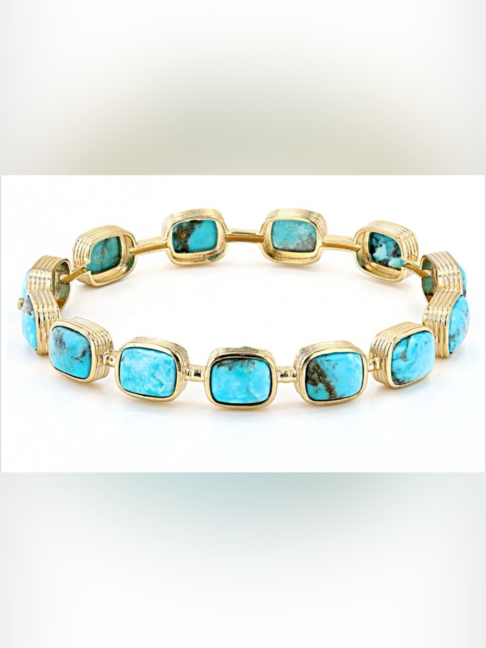 Blue Kingman Turquoise 18k Yellow Gold Over Silver Bangle 8”